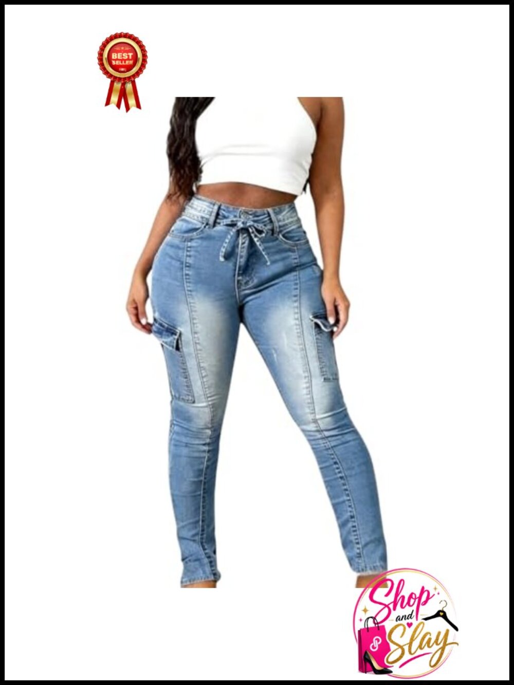 High Waisted Stretchy Skinny Cargo Jeans Butt Lifting Six Pocket Denim Pants